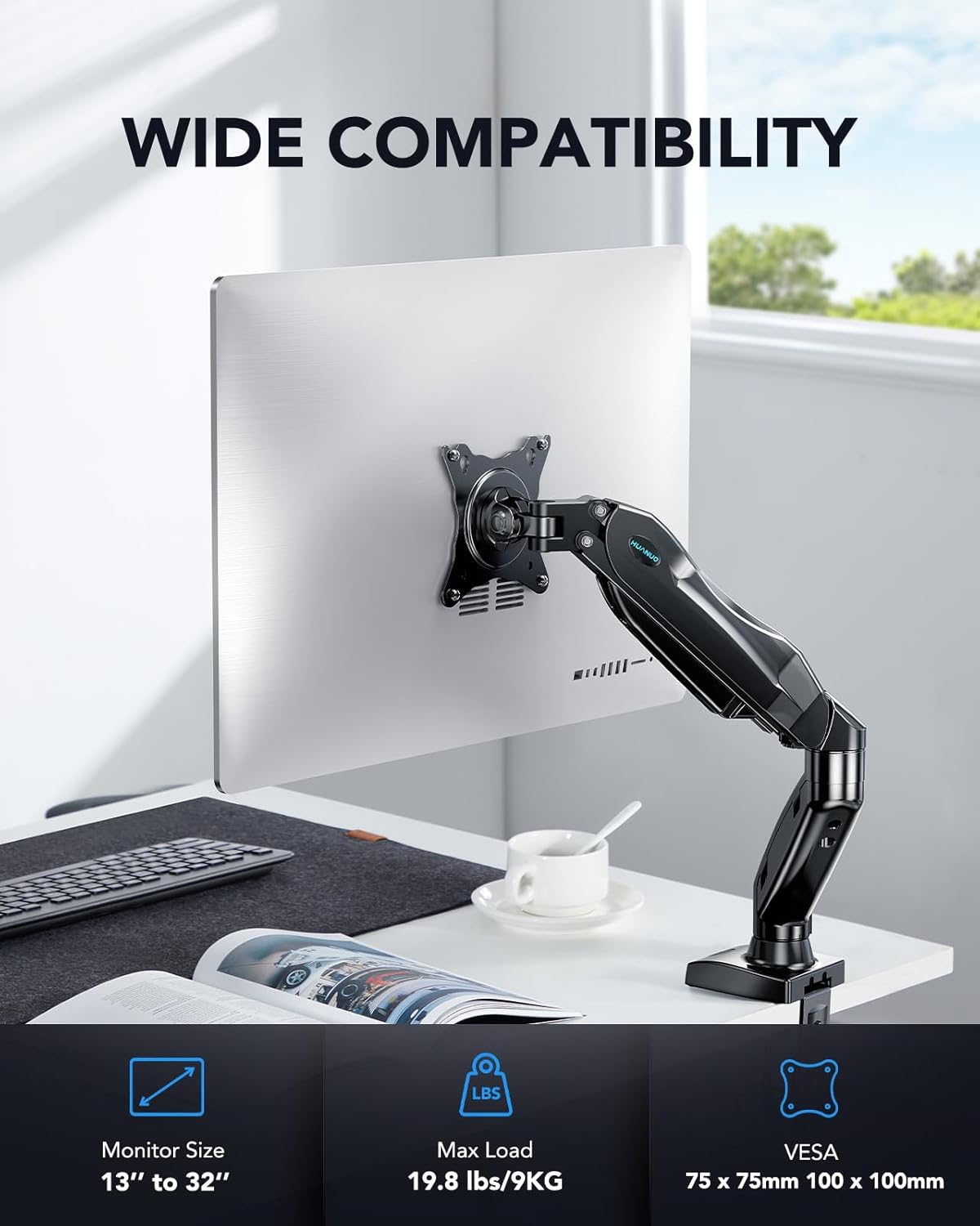 HUANUO Single Monitor Mount, 13 to 32 Inch Gas Monitor Arm, Adjustable Stand, Vesa Mount with Clamp and Grommet Base - Fits 4.4 to 19.8lbs LCD Computer Monitors - Image 2